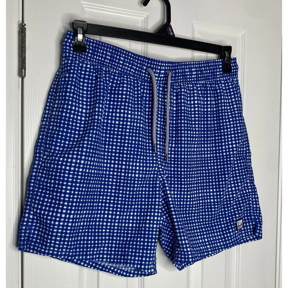 Tom And Teddy‎ Men's Lined Picnic Pattern Swim Trunks Blue White Size Medium